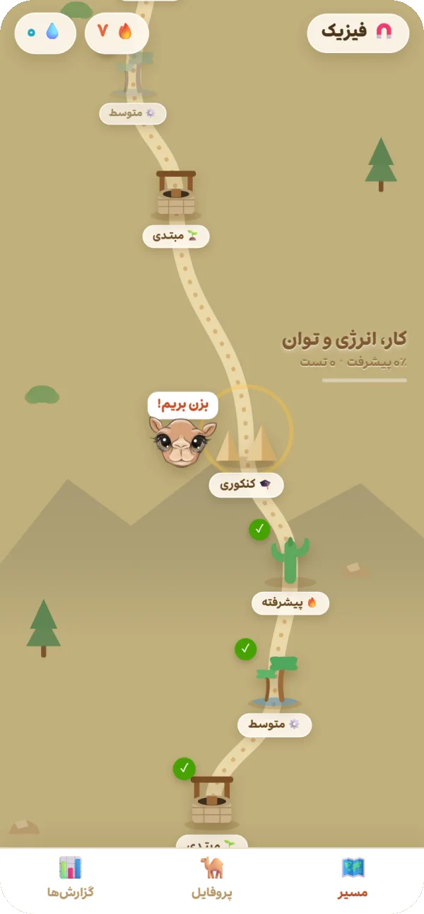 مسیرِ کاروان در اپ استاد شتر: ایستگاههای مبتدی، متوسط، پیشرفته و کنکوری
